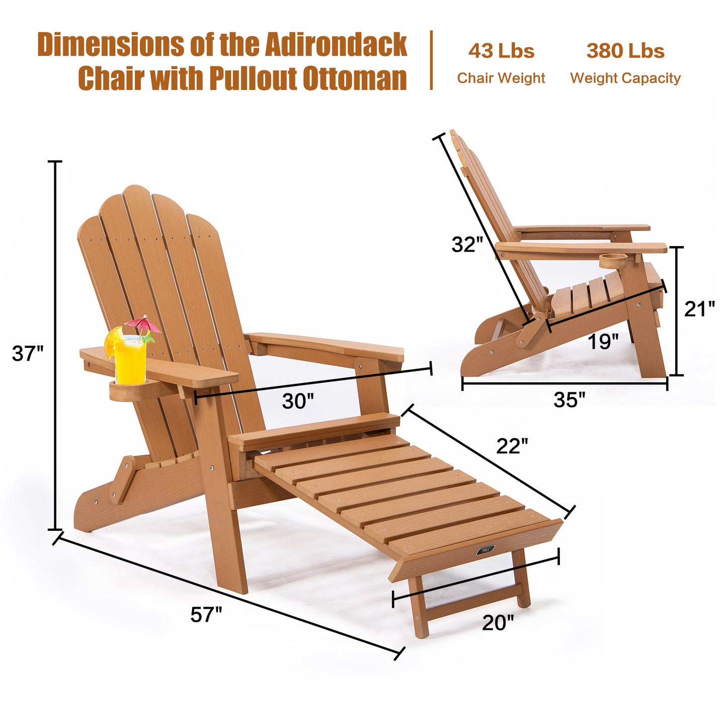Folding Adirondack Chair Pullout Ottoman With Cup Holder