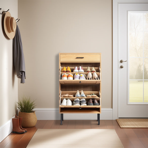 Rattan Shoe Cabinet with 2 Storage Bins, Drawer & Iron Legs – Natural & Black
