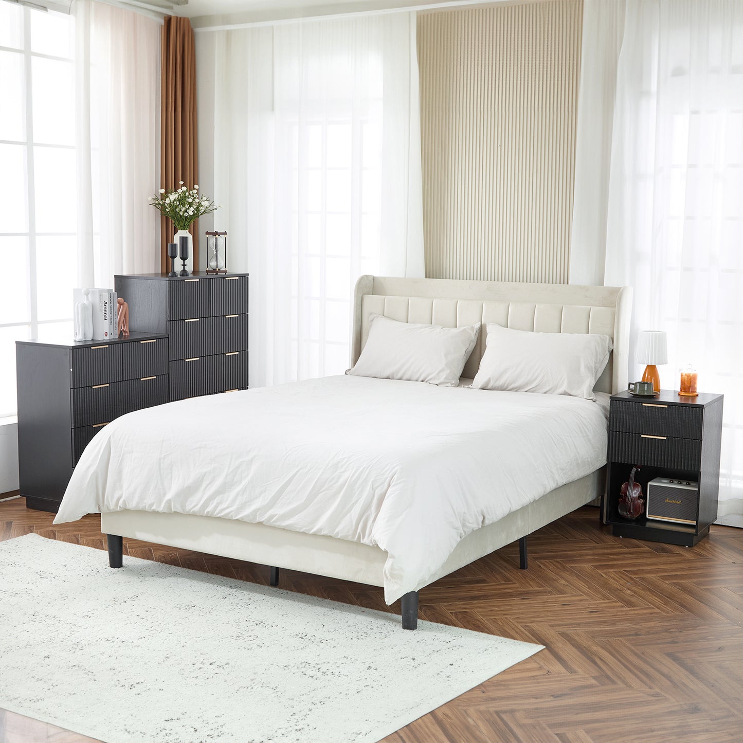 Black 2-Drawer Bedside Cabinet – Wave Pattern Design, Compact Storage