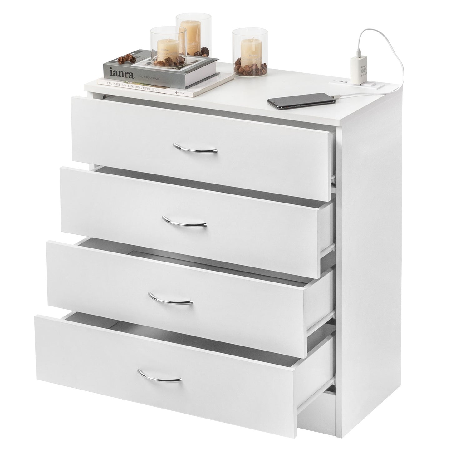 4-Drawer Bedside Table with USB Ports & Power Outlets – White