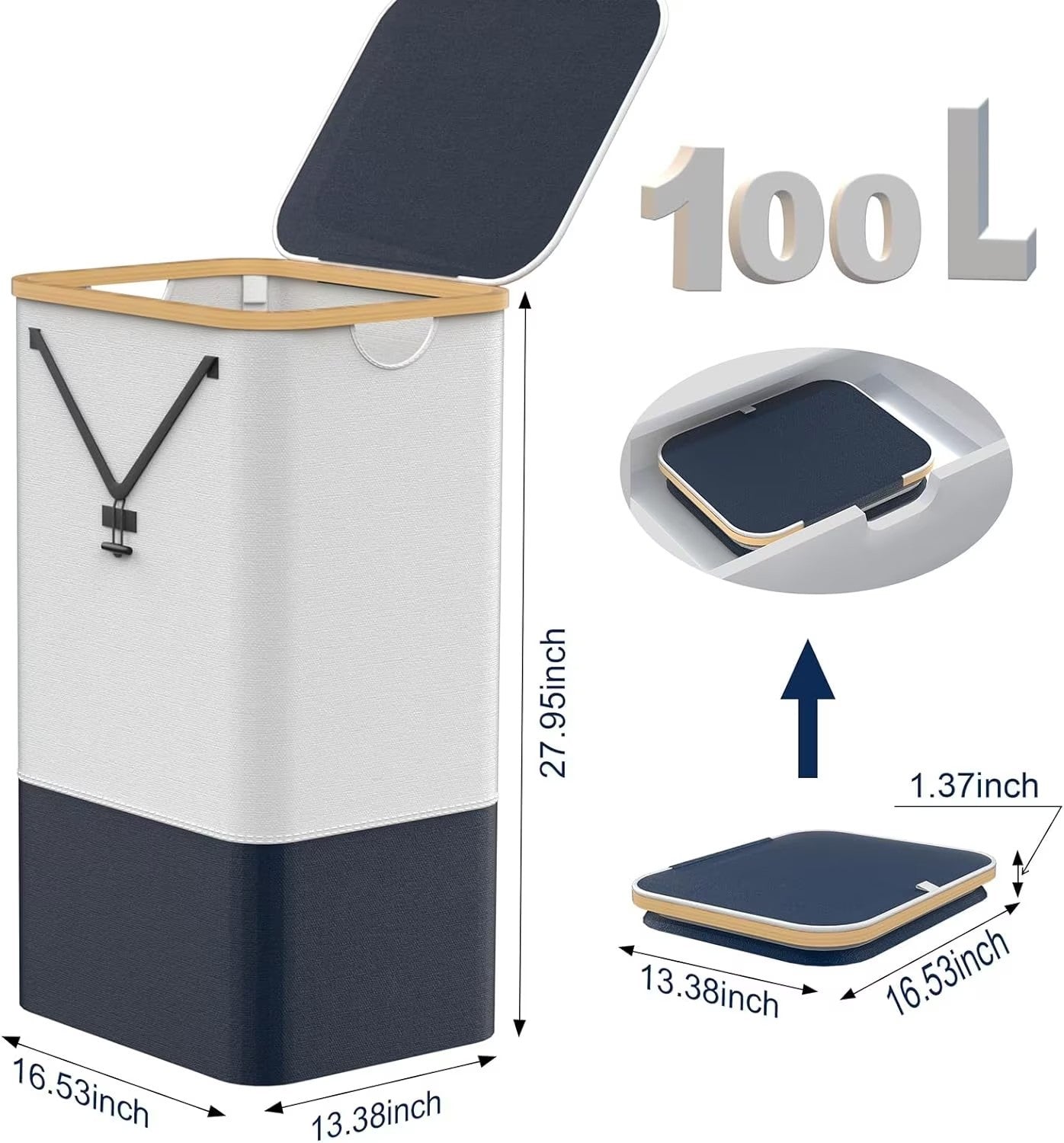 100L Laundry Hamper with Lid & Removable Bag Organizer