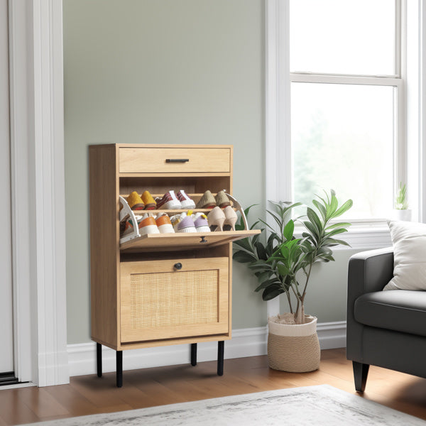 Rattan Shoe Cabinet with 2 Storage Bins, Drawer & Iron Legs – Natural & Black