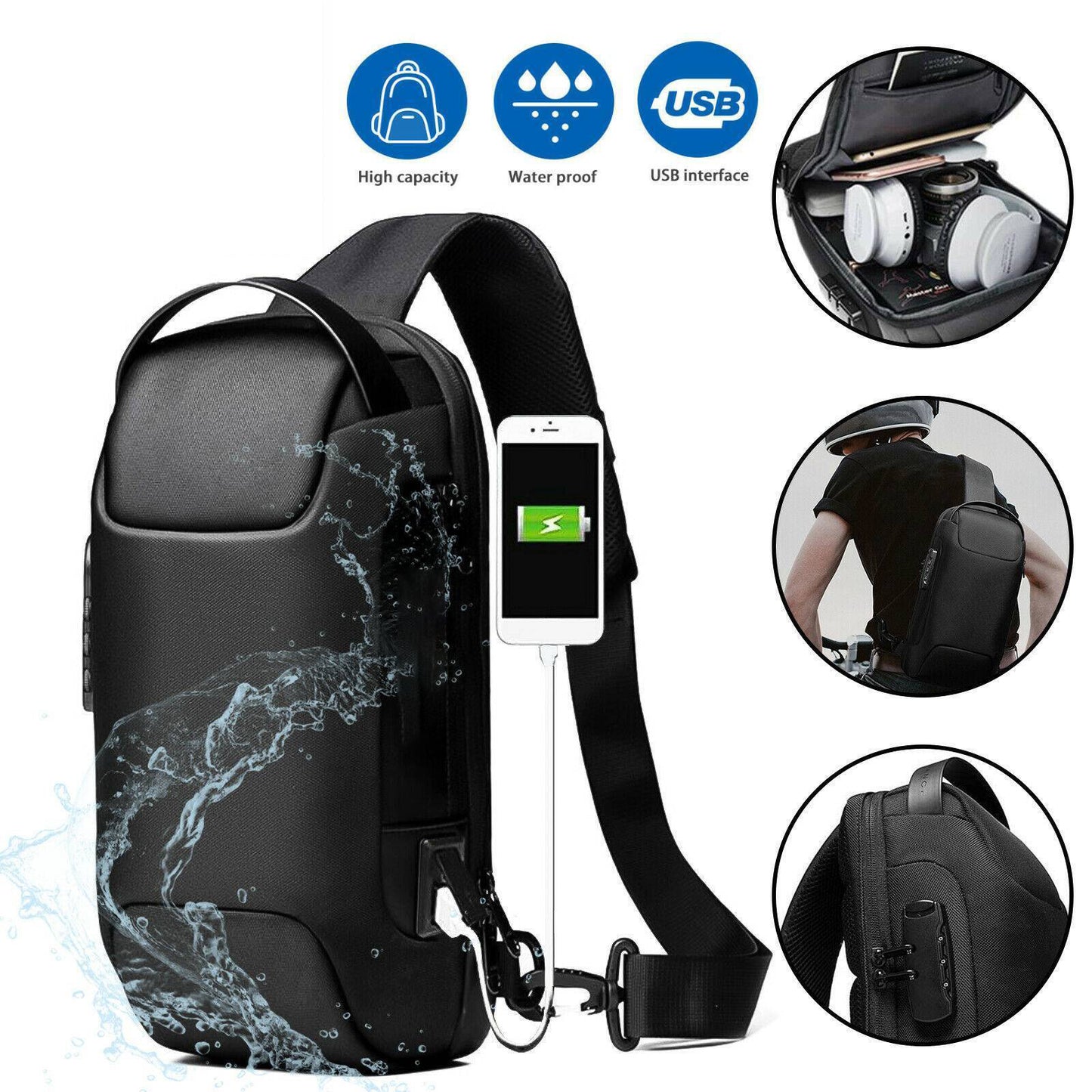 Anti-theft Waterproof Crossbody Bag USB Charger Port