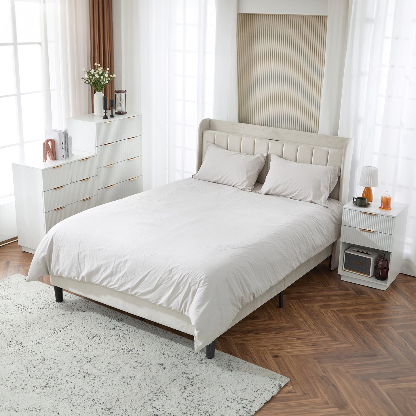 White 2-Drawer Bedside Cabinet – Wave Pattern, Compact & Stylish