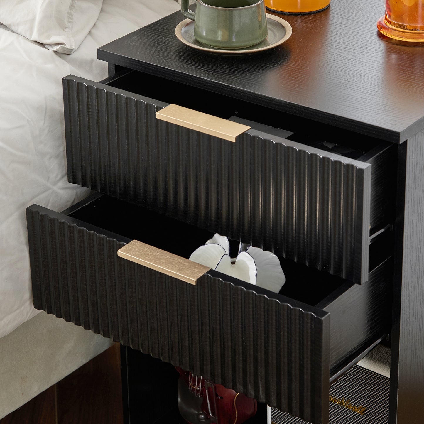 Black 2-Drawer Bedside Cabinet – Wave Pattern Design, Compact Storage