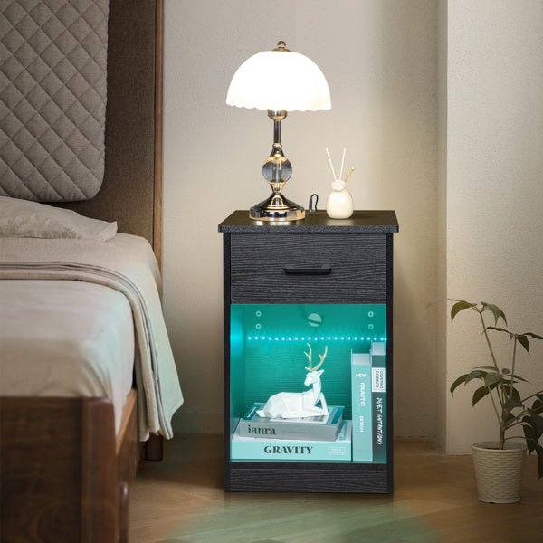 Single-Drawer Bedside Table with LED Light & Charging Station – Black