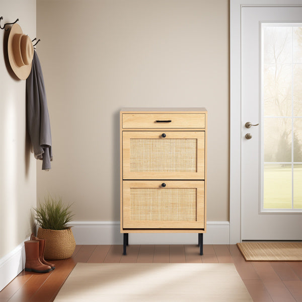 Rattan Shoe Cabinet with 2 Storage Bins, Drawer & Iron Legs – Natural & Black