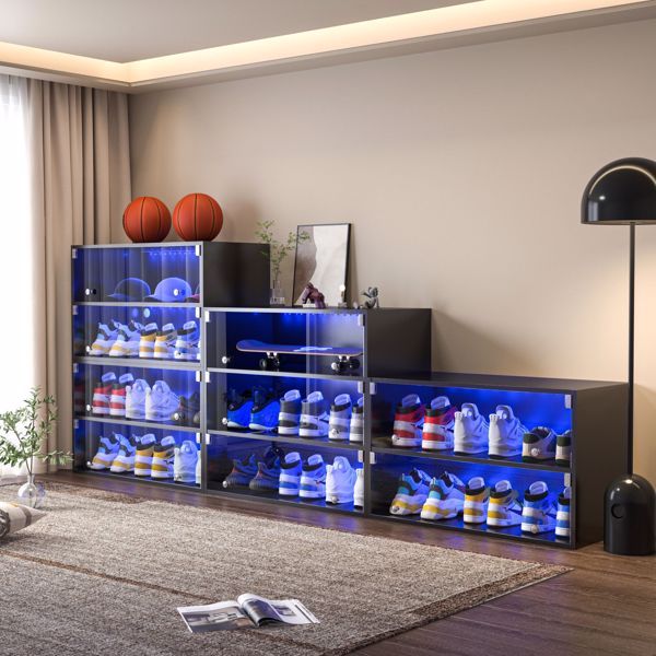 Black Glass Shoe Cabinet with RGB LED Lights – Stackable Display