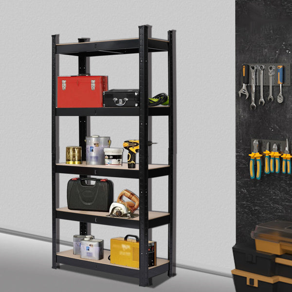 5-Tier Black Metal Storage Rack – Heavy-Duty Shelving with MDF Boards