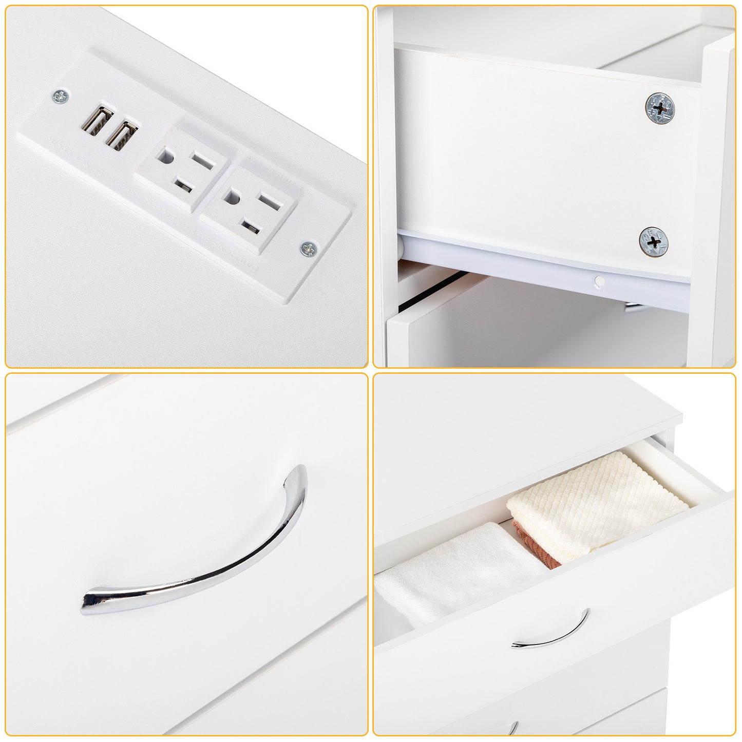 4-Drawer Bedside Table with USB Ports & Power Outlets – White