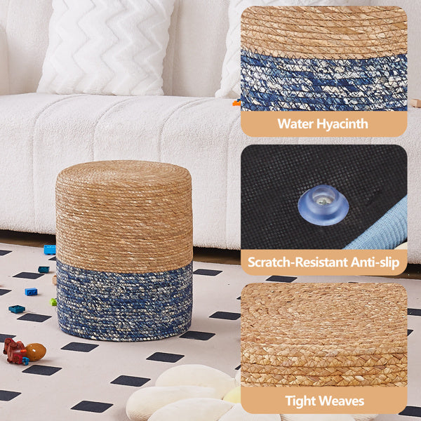 Handwoven Cattail Footstool – Natural & Blue, Sturdy Wooden Frame