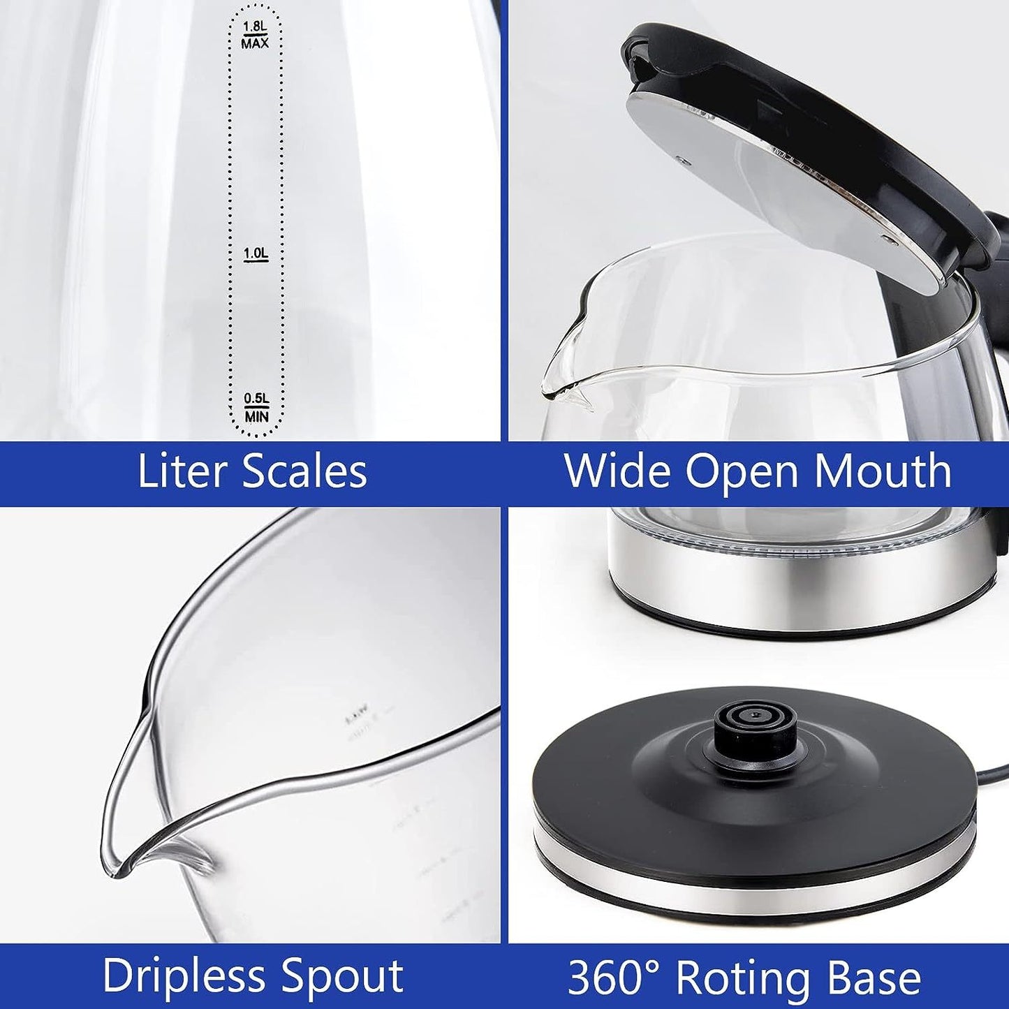 Electric Stainless Steel Glass Kettle Auto Shut-off 1.8L