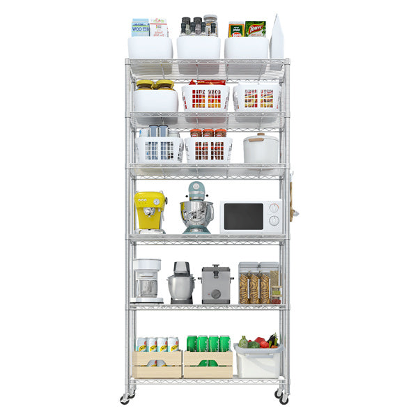 Six Layer Segmented Display Rack With Rubber Wheels M8 Adjustable Feet And 4 S-hooks For Free Adjustment Of Layer Spacing