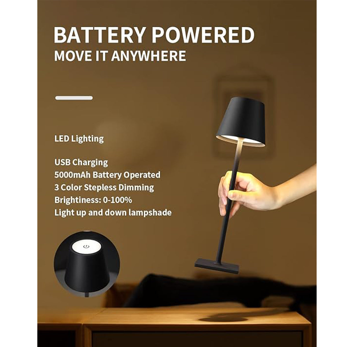 Cordless LED Desk Night Lamp 3 Color Dim 5000mAh