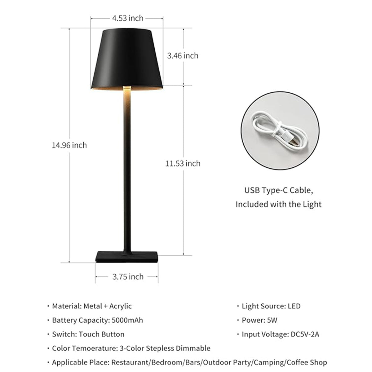 Cordless LED Desk Night Lamp 3 Color Dim 5000mAh
