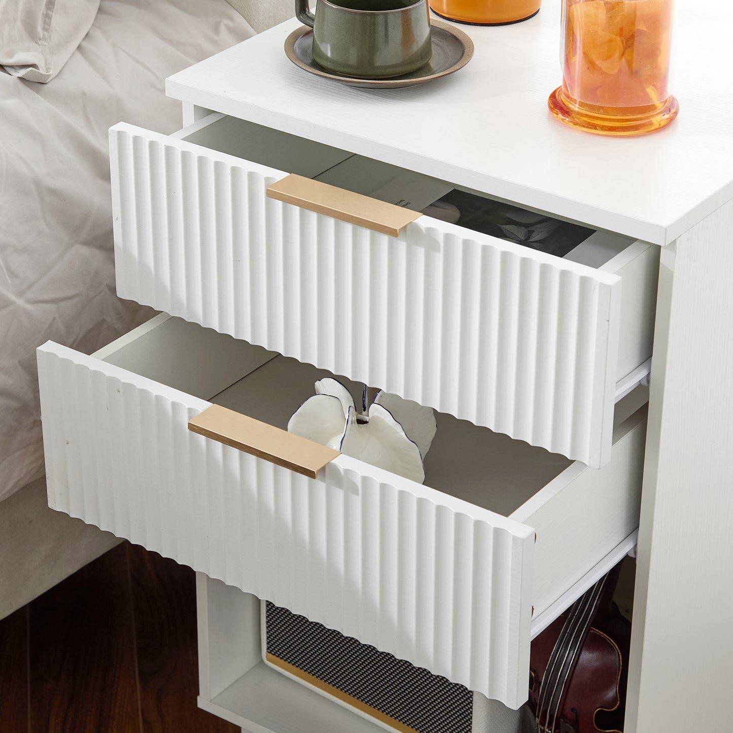 White 2-Drawer Bedside Cabinet – Wave Pattern, Compact & Stylish