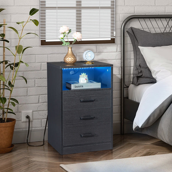 3-Drawer LED Bedside Table with USB Ports & Wireless Charging – Black