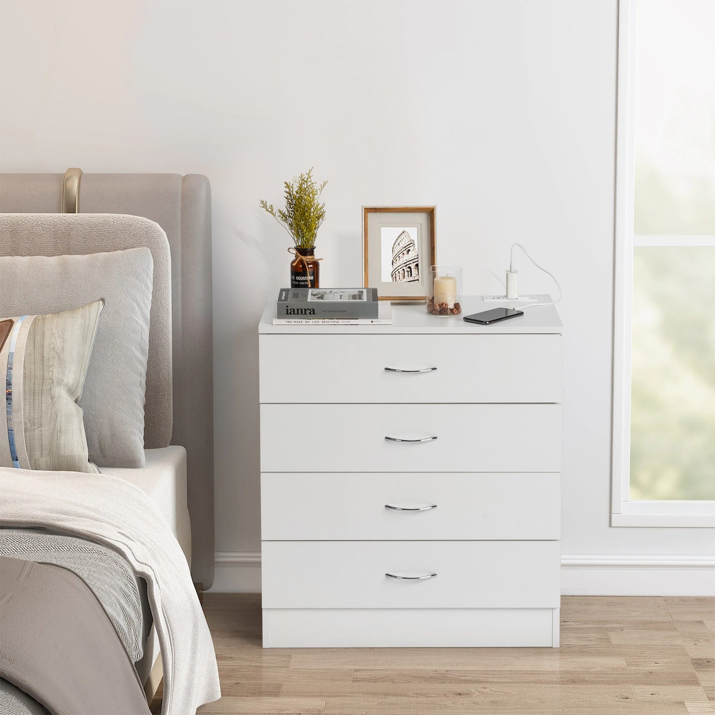 4-Drawer Bedside Table with USB Ports & Power Outlets – White