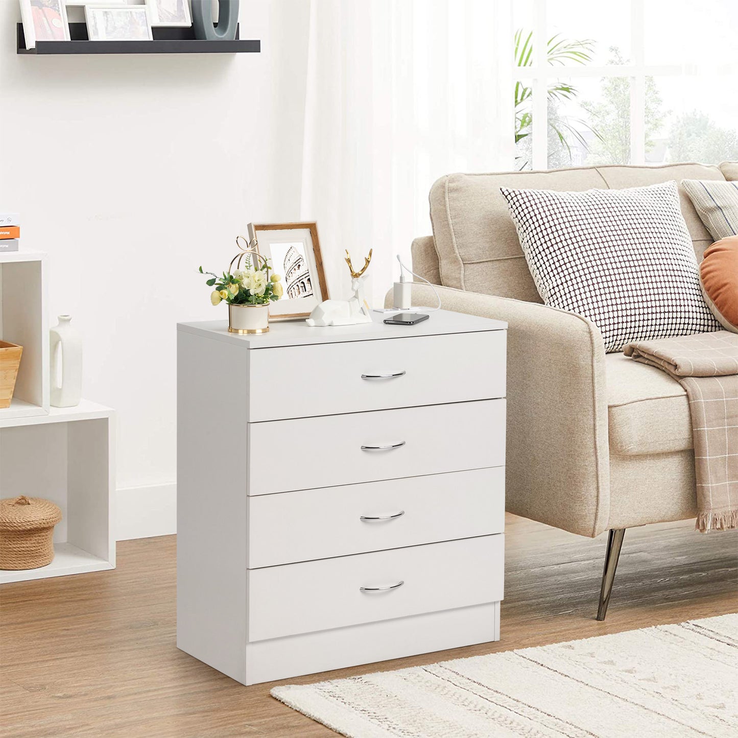 4-Drawer Bedside Table with USB Ports & Power Outlets – White
