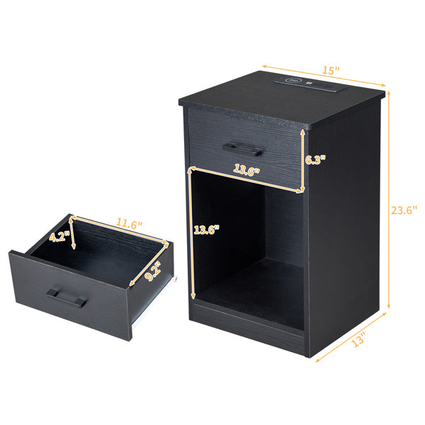 Single-Drawer Bedside Table with LED Light & Charging Station – Black