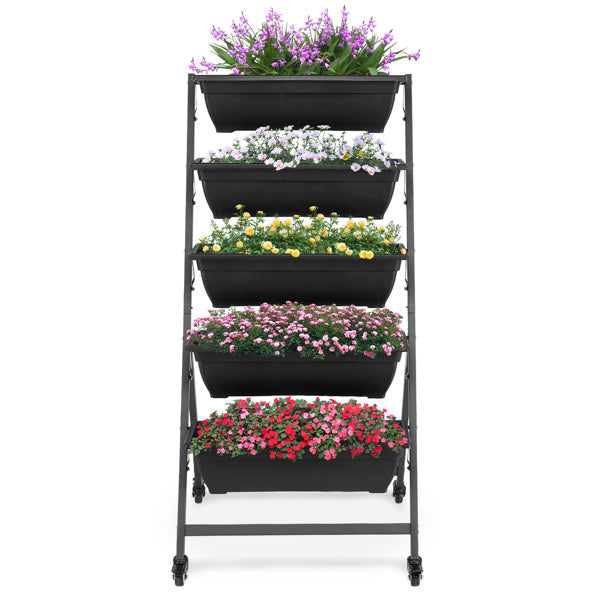 5-Tier Mobile Vertical Planter – Black PE Garden Bed with Wheels