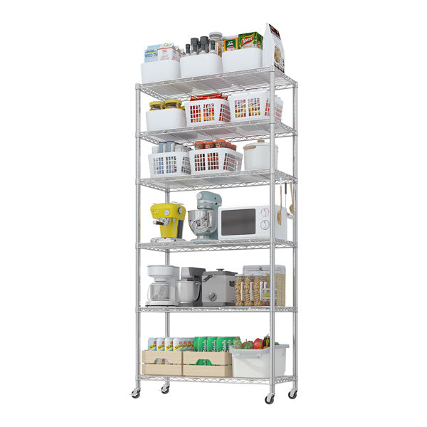 Six Layer Segmented Display Rack With Rubber Wheels M8 Adjustable Feet And 4 S-hooks For Free Adjustment Of Layer Spacing