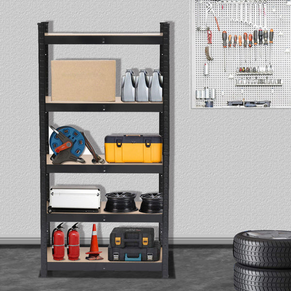 5-Tier Black Metal Storage Rack – Heavy-Duty Shelving with MDF Boards