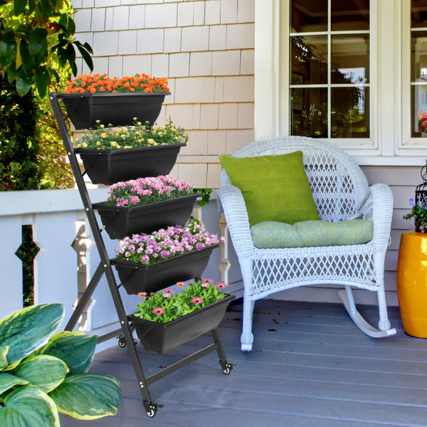 5-Tier Mobile Vertical Planter – Black PE Garden Bed with Wheels