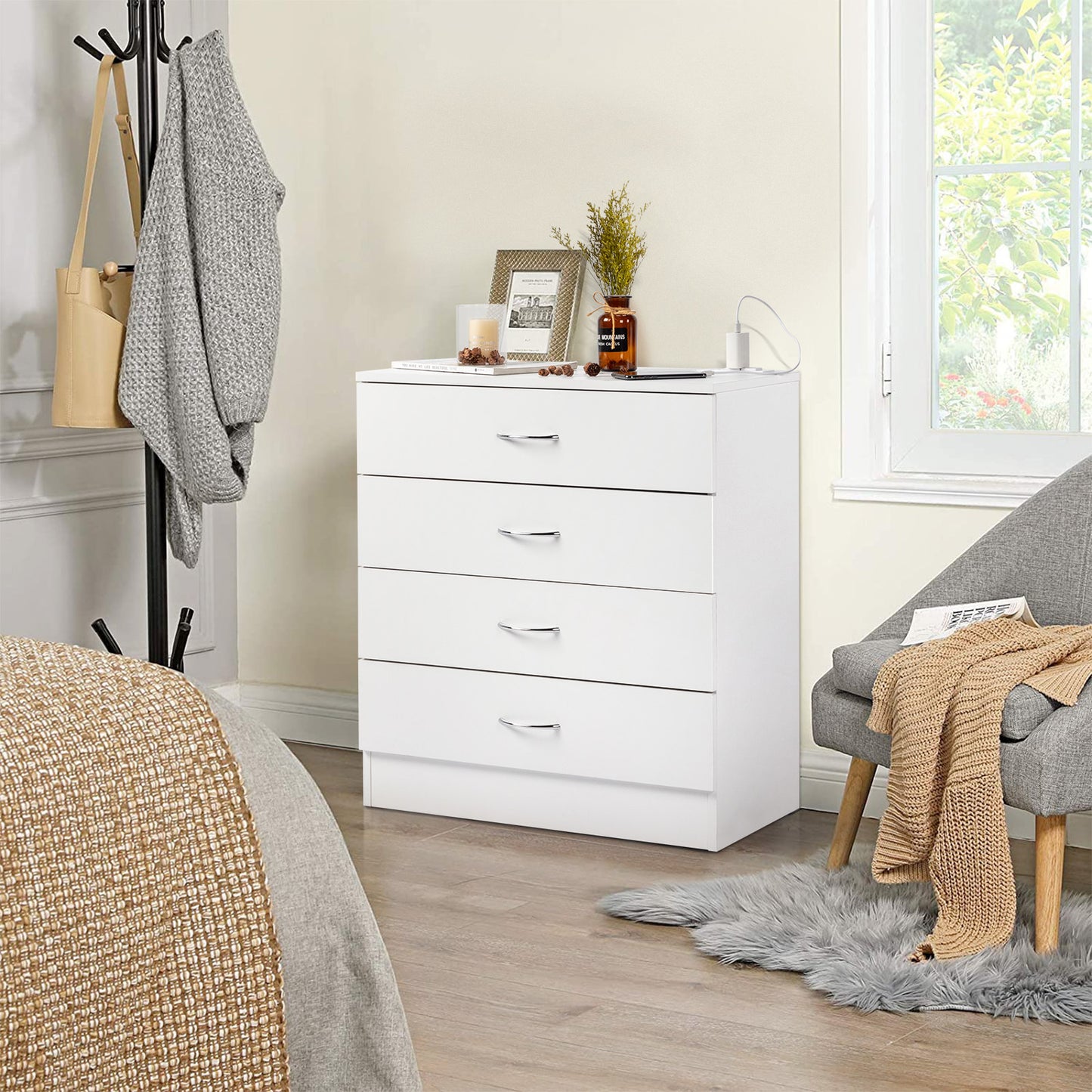 4-Drawer Bedside Table with USB Ports & Power Outlets – White