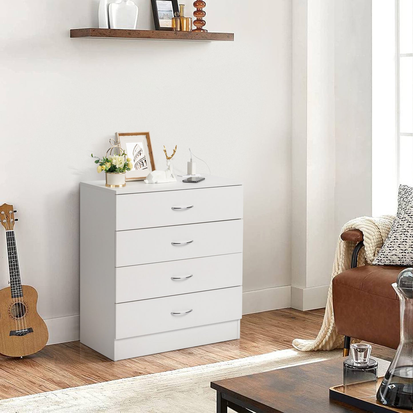 4-Drawer Bedside Table with USB Ports & Power Outlets – White