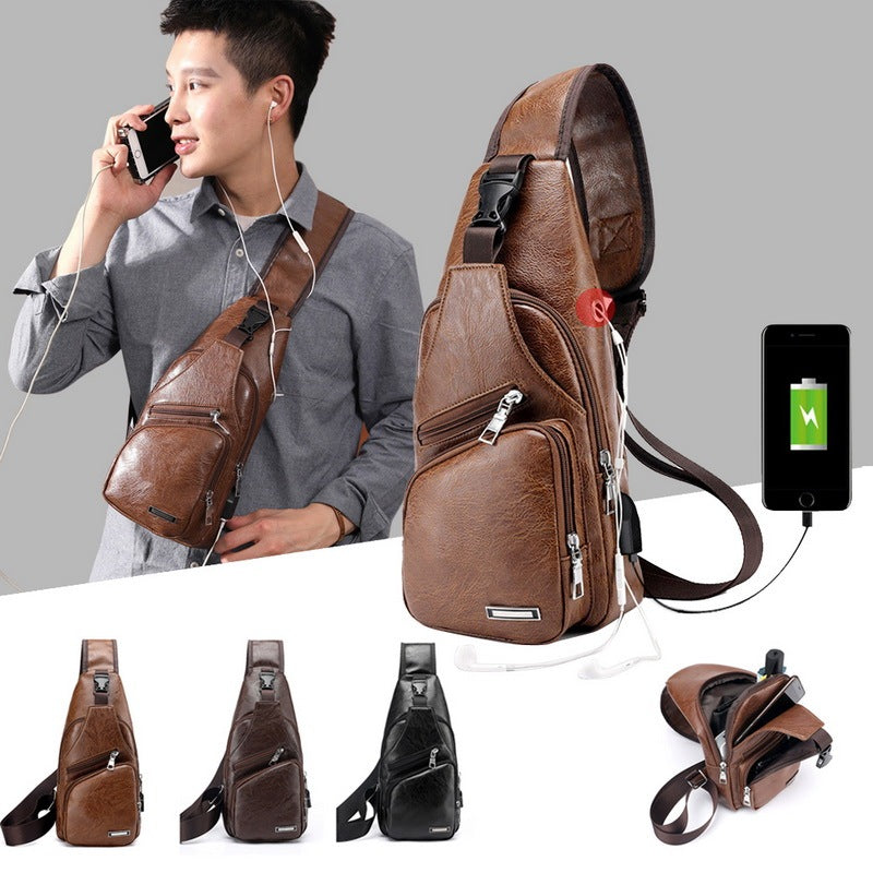 PU Leather USB Charging Chest Crossbody Bag