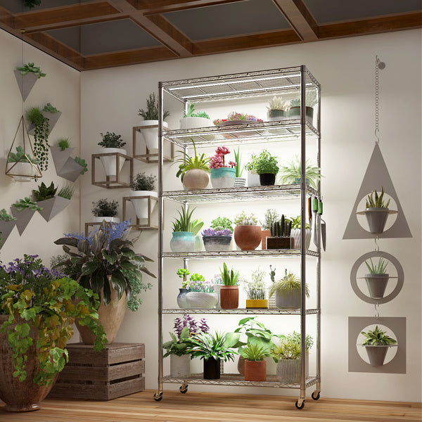 Six Layer Segmented Display Rack With Rubber Wheels M8 Adjustable Feet And 4 S-hooks For Free Adjustment Of Layer Spacing