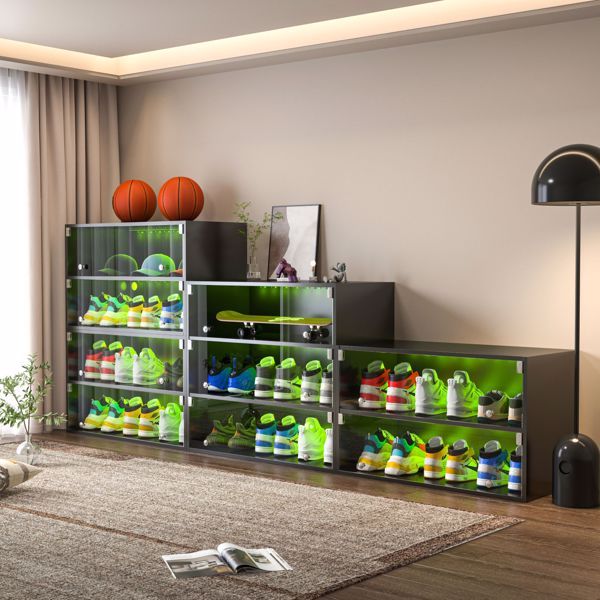 Black Glass Shoe Cabinet with RGB LED Lights – Stackable Display