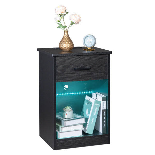 Single-Drawer Bedside Table with LED Light & Charging Station – Black