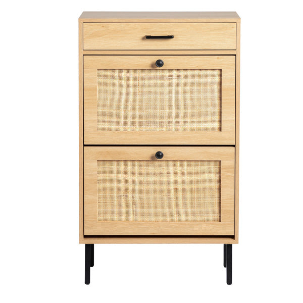 Rattan Shoe Cabinet with 2 Storage Bins, Drawer & Iron Legs – Natural & Black