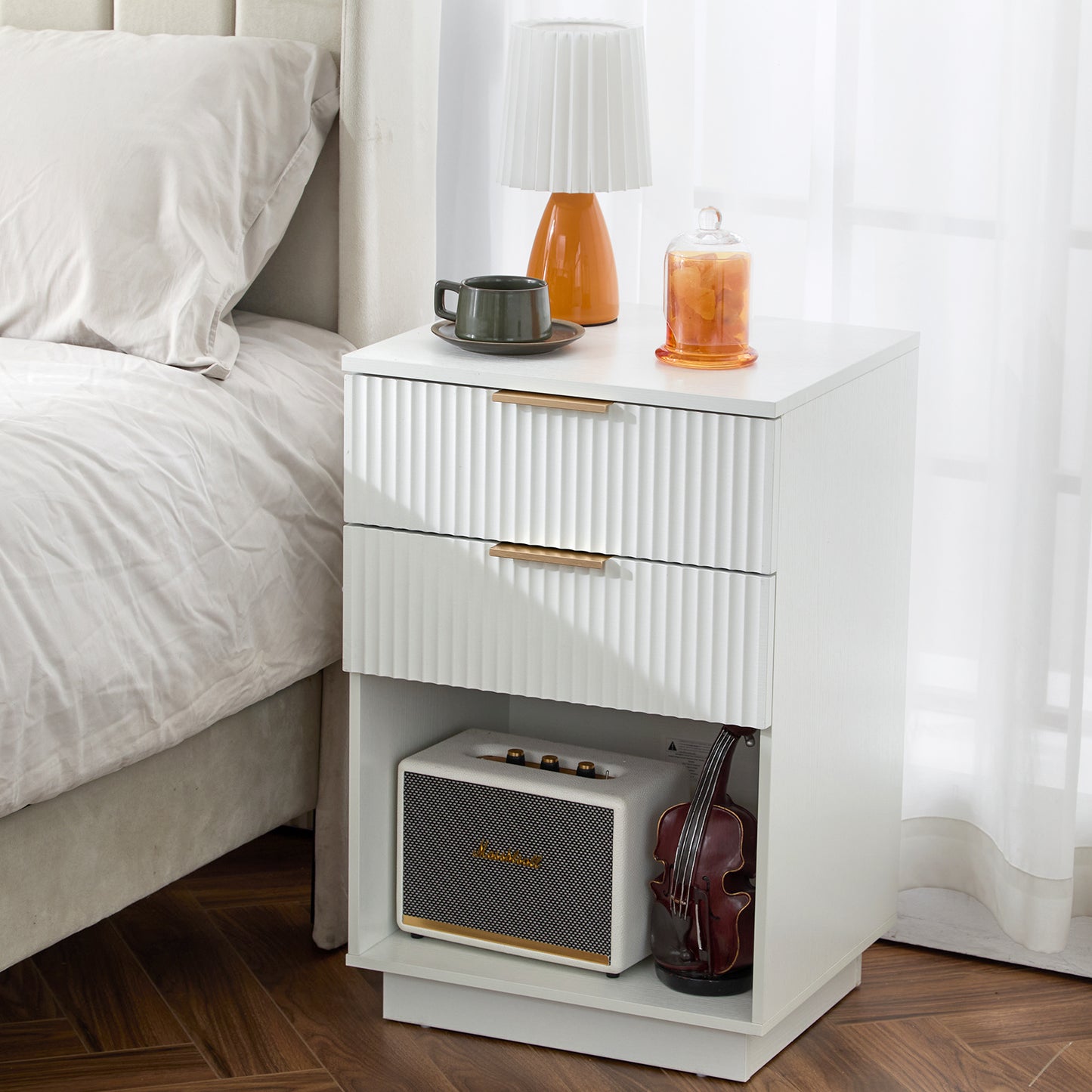 White 2-Drawer Bedside Cabinet – Wave Pattern, Compact & Stylish