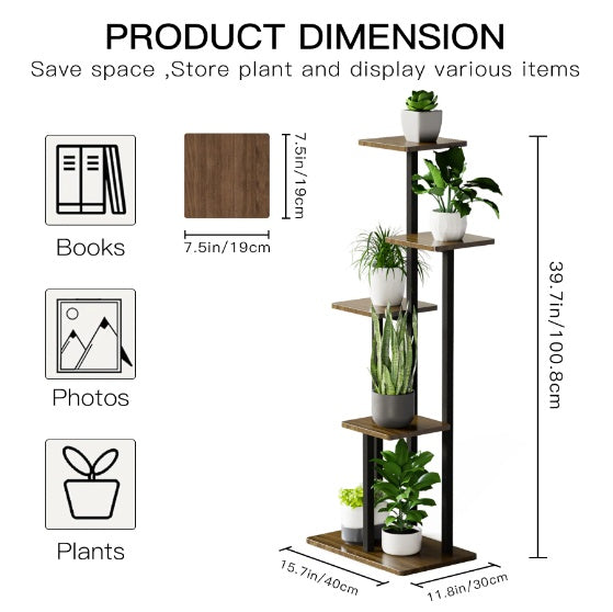 5-Tier Indoor Plant Stand – Multi-Level Wood & Metal Shelves