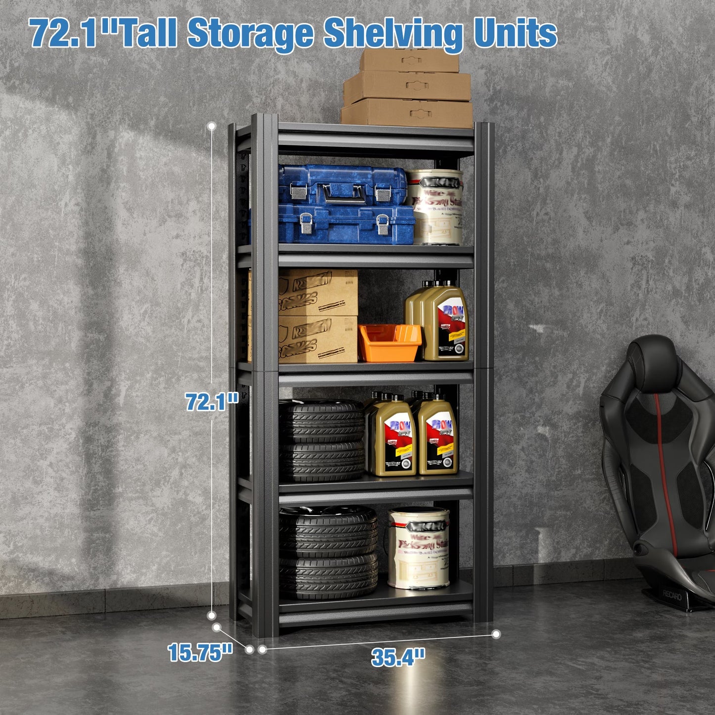 72" Heavy-Duty 5-Tier Adjustable Metal Garage Storage Shelves