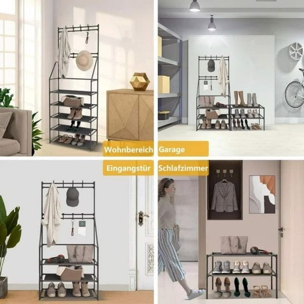 5-Tier Freestanding Entryway Shoe & Coat Rack with 8 Hooks