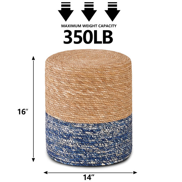 Handwoven Cattail Footstool – Natural & Blue, Sturdy Wooden Frame