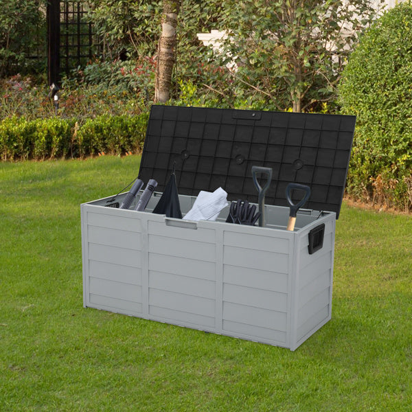 75-Gallon Outdoor Storage Box with Wheels – Black & Grey, Weather-Resistant