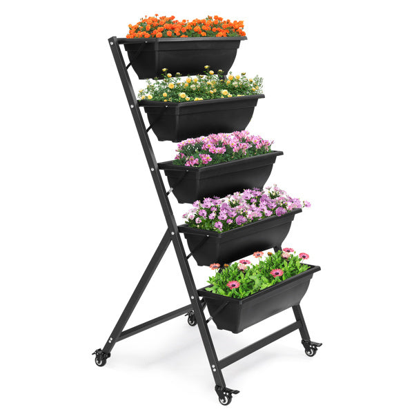 5-Tier Mobile Vertical Planter – Black PE Garden Bed with Wheels