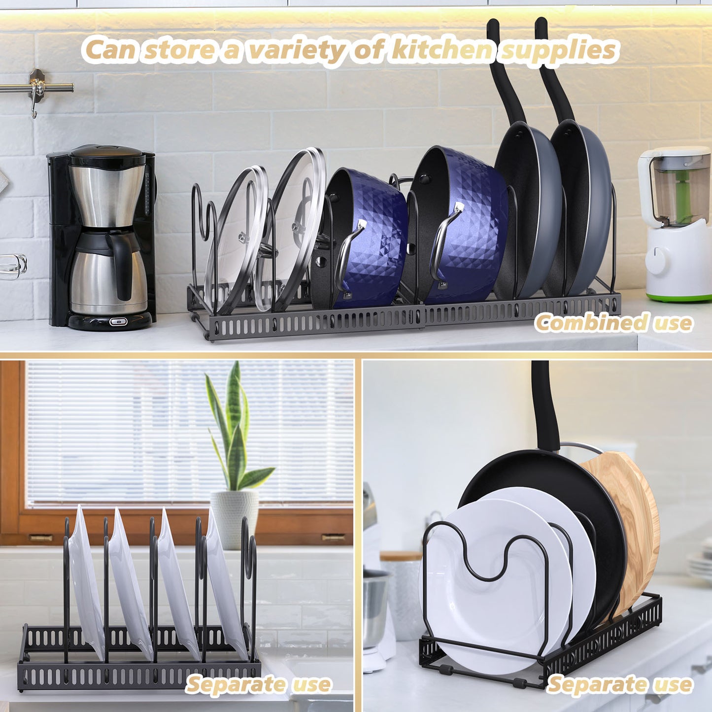 Adjustable Pots & Pans Lids Organizer Rack Dividers