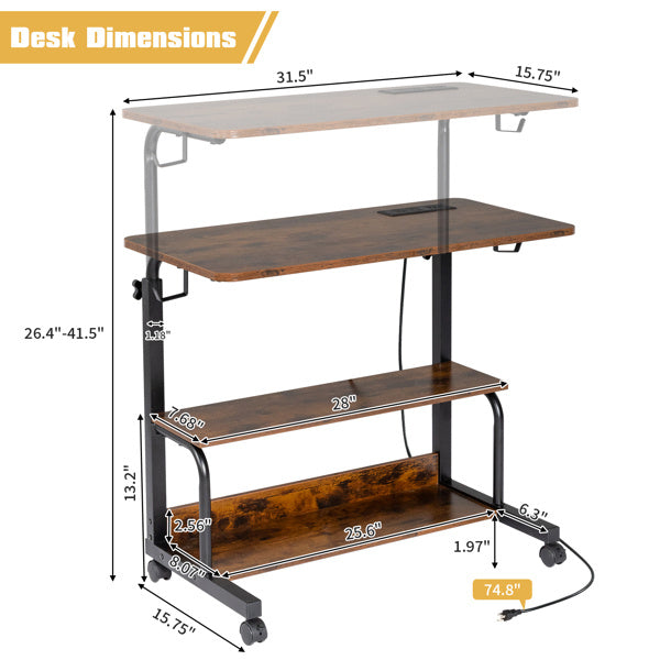 Adjustable Computer Desk with USB Ports & AC Outlets – Retro Brown