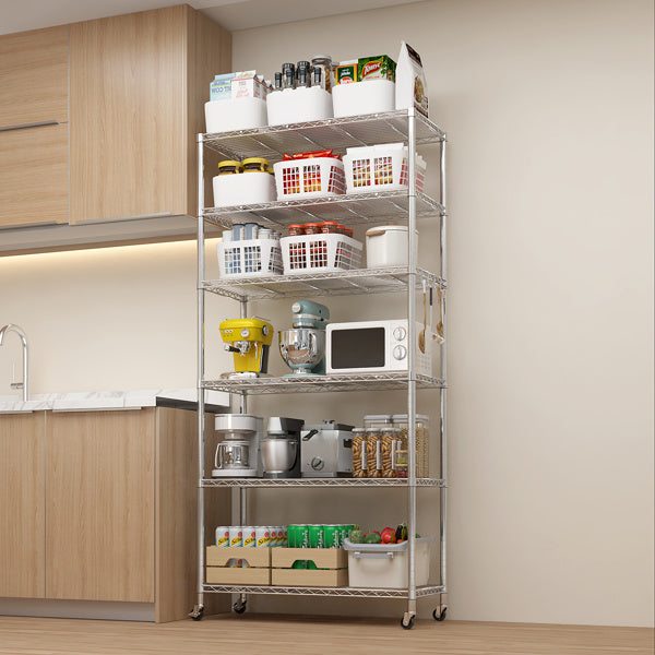 Six Layer Segmented Display Rack With Rubber Wheels M8 Adjustable Feet And 4 S-hooks For Free Adjustment Of Layer Spacing