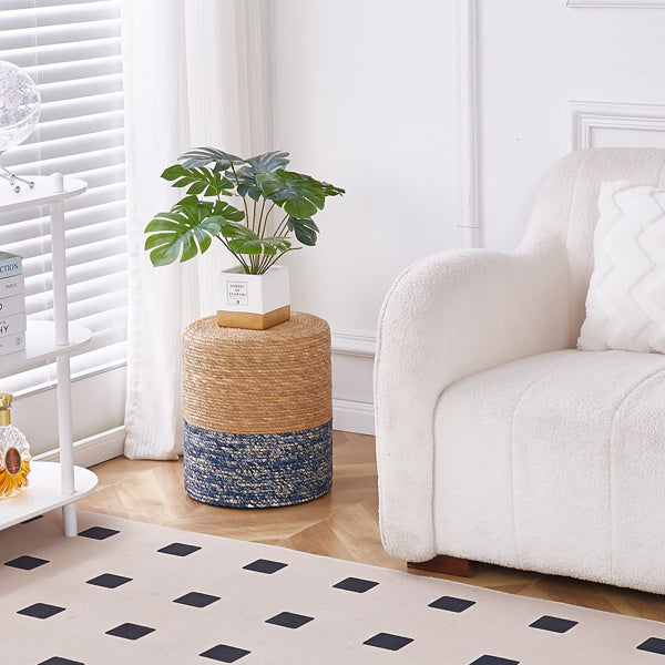 Handwoven Cattail Footstool – Natural & Blue, Sturdy Wooden Frame