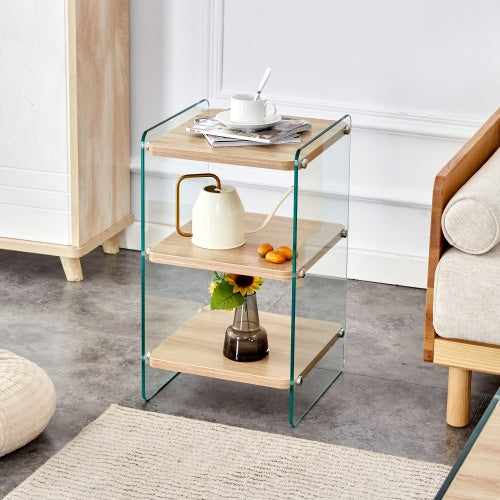 3-Tier Bedside Cabinet with Glass Panels & MDF Wood Finish