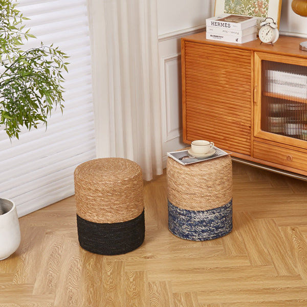 Handwoven Cattail Footstool – Natural & Blue, Sturdy Wooden Frame