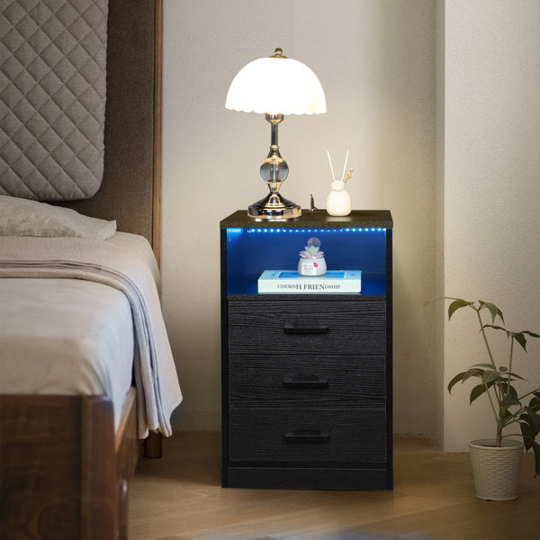 3-Drawer LED Bedside Table with USB Ports & Wireless Charging – Black