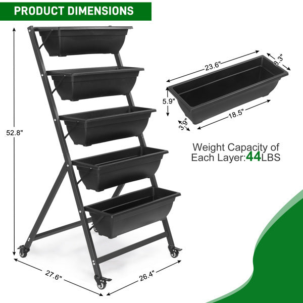 5-Tier Mobile Vertical Planter – Black PE Garden Bed with Wheels